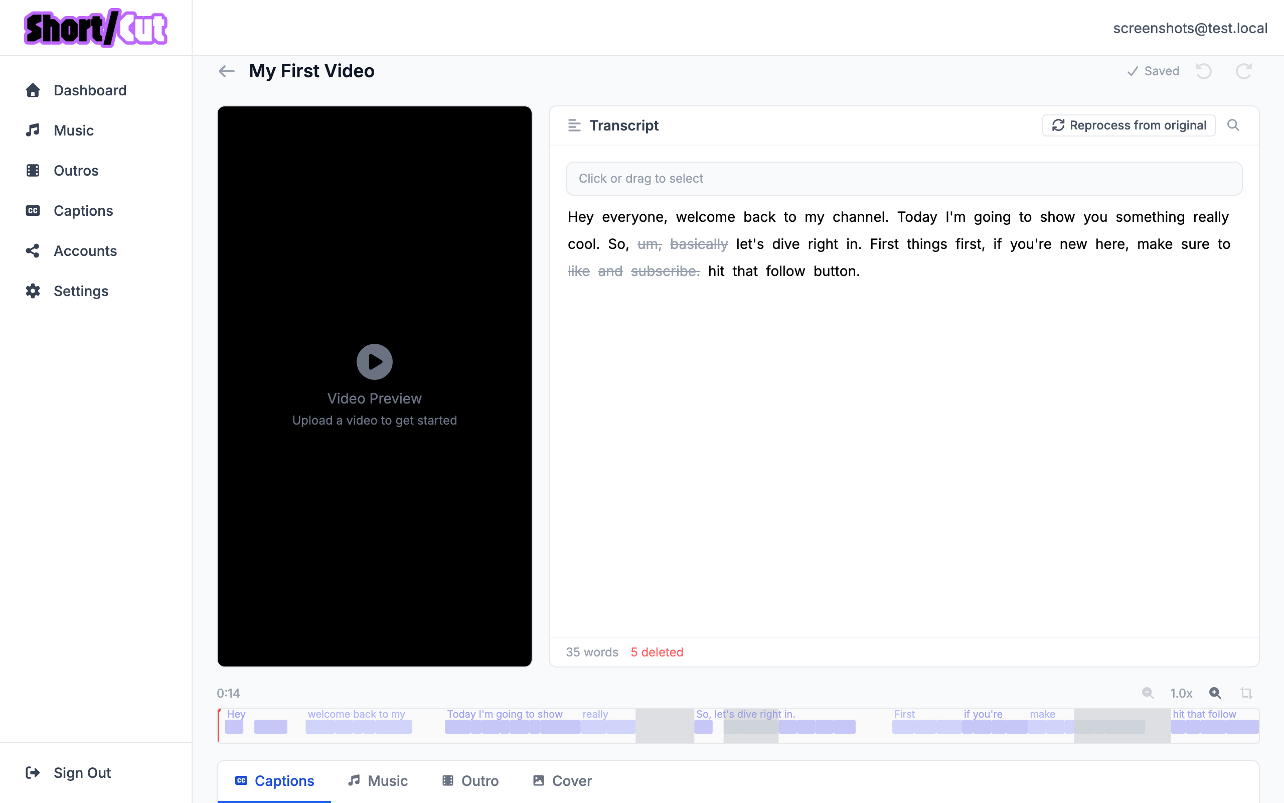 ShortCut caption styling panel with font, color, and position settings