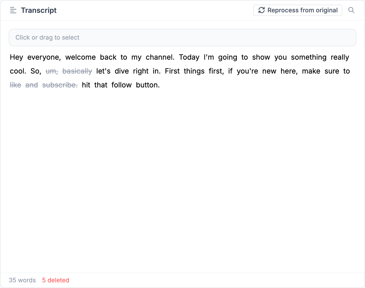 ShortCut transcript editor showing deleted words with strikethrough formatting and the video timeline below